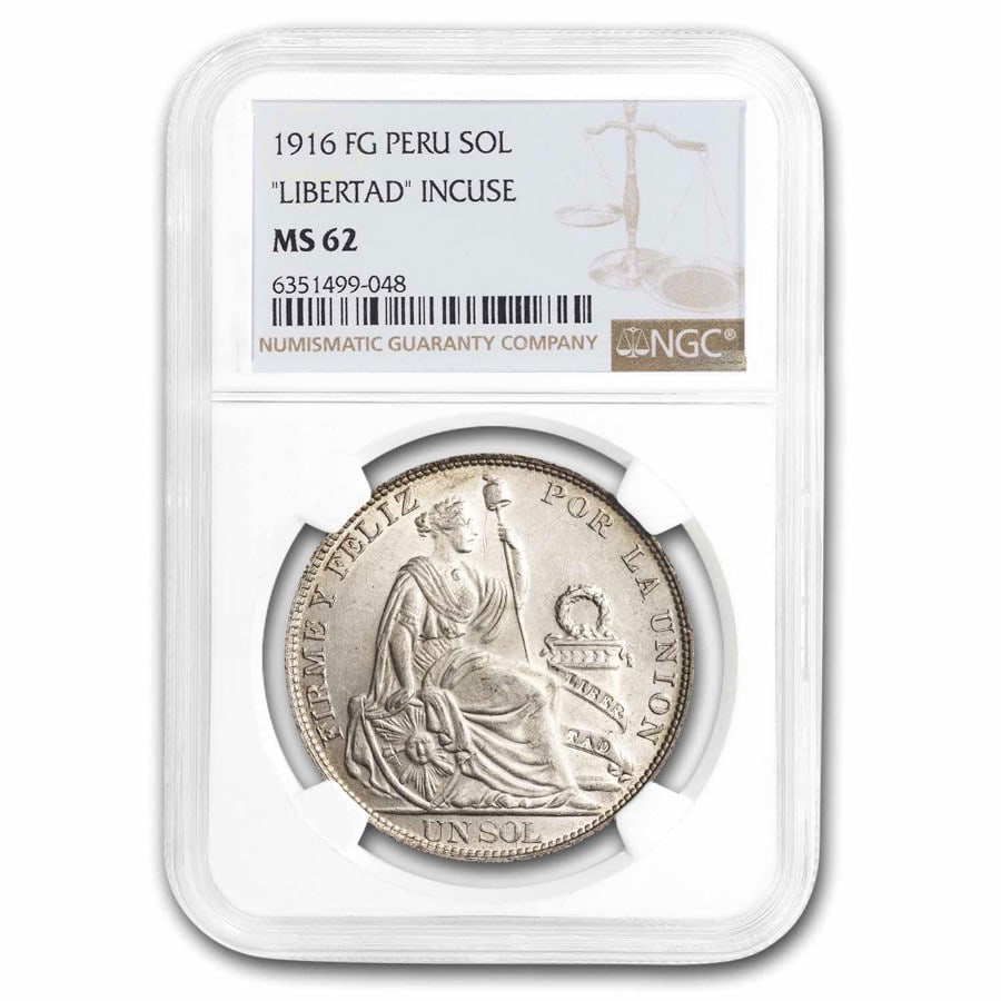 1916 Peru Silver 1 Sol MS-62: Details: 1916 Peru Silver 1 Sol MS-62 NGC (LIBERTAD Incuse) SKU no: RBJ282702 Year: 1916 Grade: MS-62 Grade Service: NGC Denomination: 1 Sol Mint Mark: N/A - Not Available Metal Content: