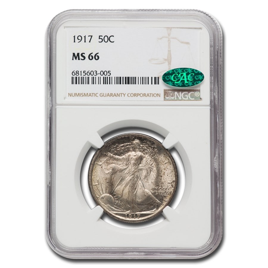 1917 Walking Liberty Half Dollar MS-66: Details: 1917 Walking Liberty Half Dollar MS-66 NGC CAC SKU no: RBJ290542 Year: 1917 Grade Service: NGC Denomination: $0.50 Metal Content: 0.3617 troy oz Purity: .900 Diameter: 30.6 mm