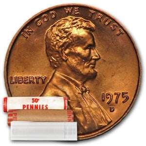 1975-D Lincoln Cent 50-Coin Roll BU: 1975-D Lincoln Cent 50-Coin Roll BU SKU no: RBJ11103 Year: 1975 Grade: Brilliant Unc Grade Service: None Denomination: 1 Cent Mint Mark: D - Denver Metal Content: 0 troy oz Purit