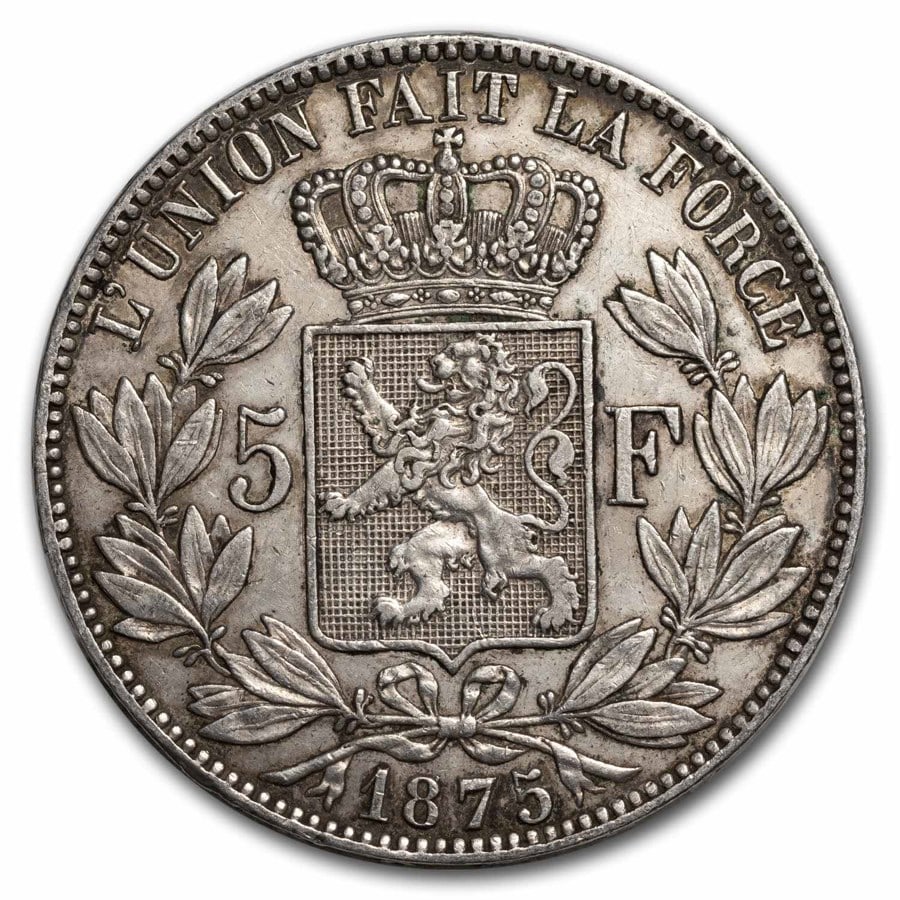 1875 Belgium Silver 5 Francs Leopold II XF: 1875 Belgium Silver 5 Francs Leopold II XF SKU no: RBJ293398 Year: 1875 Grade: Extra Fine Grade Service: None Denomination: 5 Francs Mint Mark: Not Shown Metal Content: 0.7234 troy oz