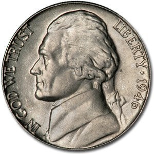 1946-D Jefferson Nickel BU: 1946-D Jefferson Nickel BU SKU no: RBJ6418 Year: 1946 Grade: Brilliant Unc Grade Service: None Denomination: 5 Cents Mint Mark: D - Denver Metal Content: 0 troy oz Purity: N/A