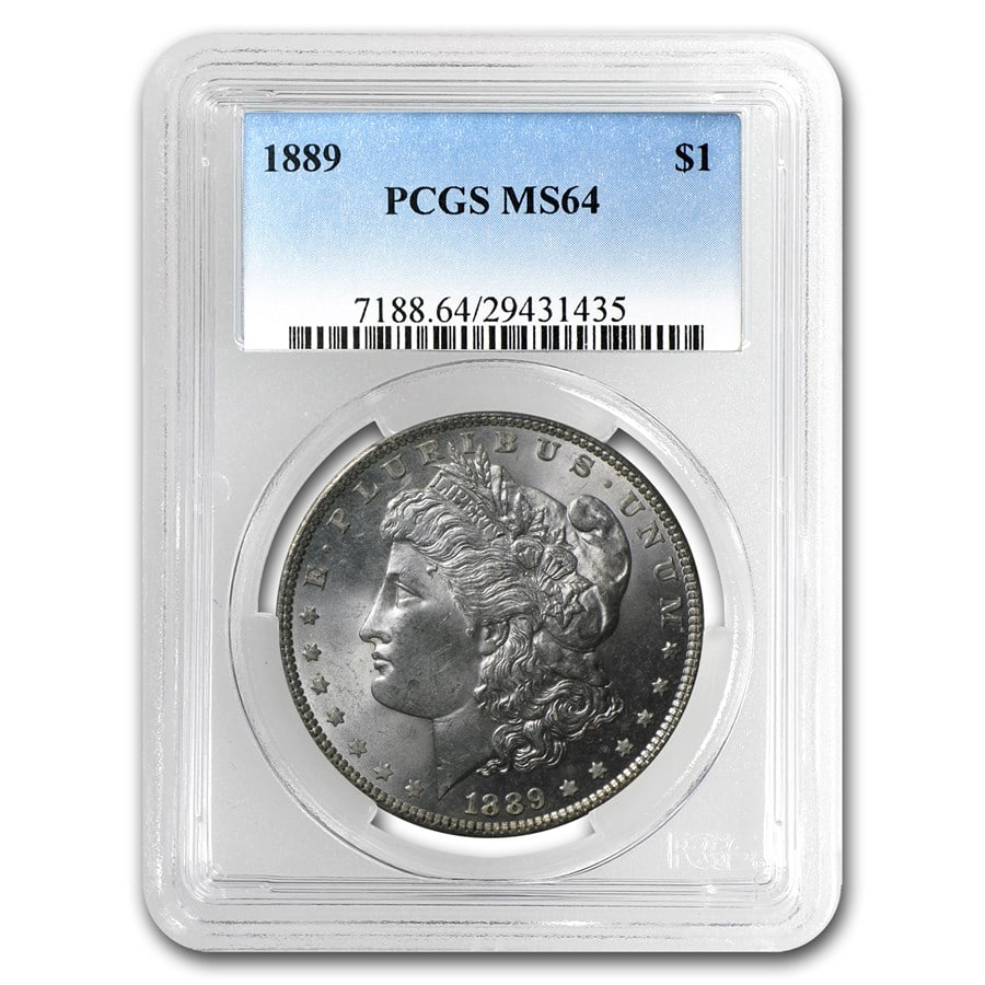 1889 Morgan Dollar MS-64 PCGS: Details: 1889 Morgan Dollar MS-64 PCGS SKU no: RBJ24832 Year: 1889 Grade Service: PCGS Denomination: $1.00 Metal Content: 0.7734 troy oz Purity: .900 Thickness: 3.1 mm Diameter: