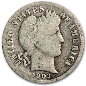 1903 Barber Dime Good/VG: 1903 Barber Dime Good/VG SKU no: RBJ5752 Year: 1903 Grade: Good/Very Good Grade Service: None Denomination: 10 Cents Mint Mark: P - Philadelphia (Not Shown) Metal Content: 0.0715 troy oz