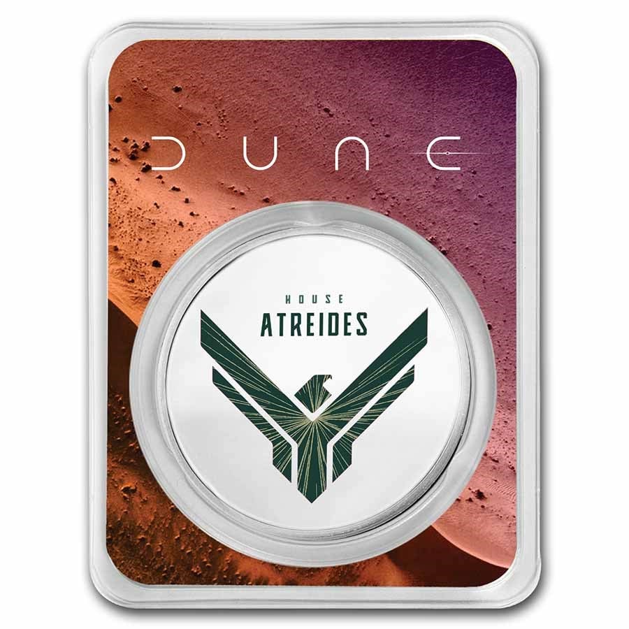 DUNE House Atreides 1 oz Silver (Colorized w/TEP): DUNE House Atreides 1 oz Silver (Colorized w/TEP) SKU no: RBJ237301 Year: N/A Grade: None Grade Service: None Mint Mark: N/A - Not Available Metal Content: 1 troy oz Purity: .999