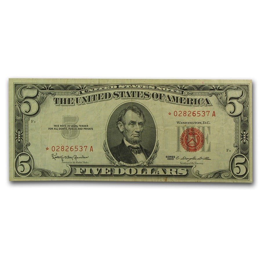 1963* $5.00 U.S. Note Red Seal VF (Fr#1536*) Star Note: 1963* $5.00 U.S. Note Red Seal VF (Fr#1536*) Star Note SKU no: RBJ17314 Year: 1963 Grade: Very Fine Grade Service: None Denomination: $5.00 Mint Mark: N/A - Not Available Metal Content: 0