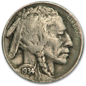 1934-D Buffalo Nickel Fine: 1934-D Buffalo Nickel Fine SKU no: RBJ16633 Year: 1934 Grade: Fine Grade Service: None Denomination: 5 Cents Mint Mark: D - Denver Metal Content: 0 troy oz Purity: N/A T