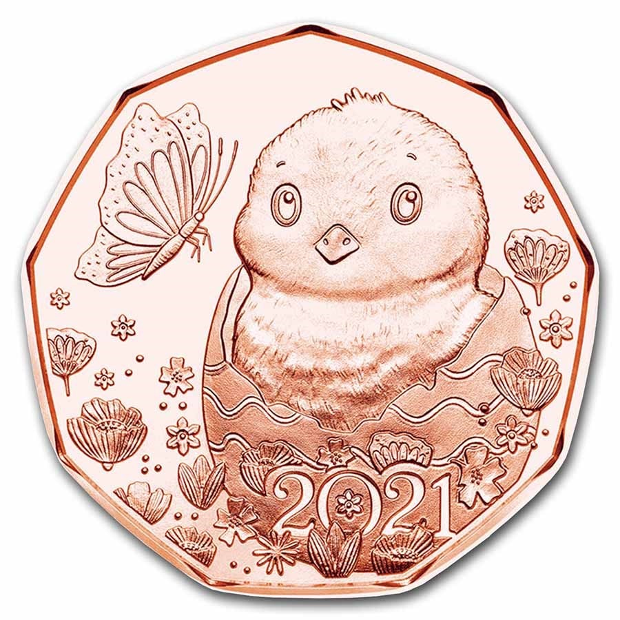 2021 Austria Copper 5 Easter Chick: 2021 Austria Copper 5 Easter Chick SKU no: RBJ229277 Year: 2021 Grade: None Grade Service: None Denomination: 5 Euro Mint Mark: Not Shown Metal Content: 0 AVDP oz Purity: .925 <b