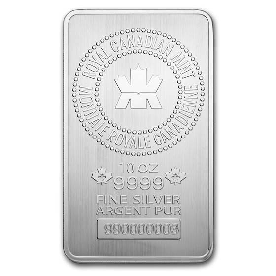 10 oz Silver Bar - Royal Canadian Mint (.9999 Fine, New Style): 10 oz Silver Bar - Royal Canadian Mint (.9999 Fine, New Style) SKU no: RBJ83022 Grade: None Grade Service: None Mint Mark: N/A - Not Available Metal Content: 10 troy oz Purity: .9999 Thic