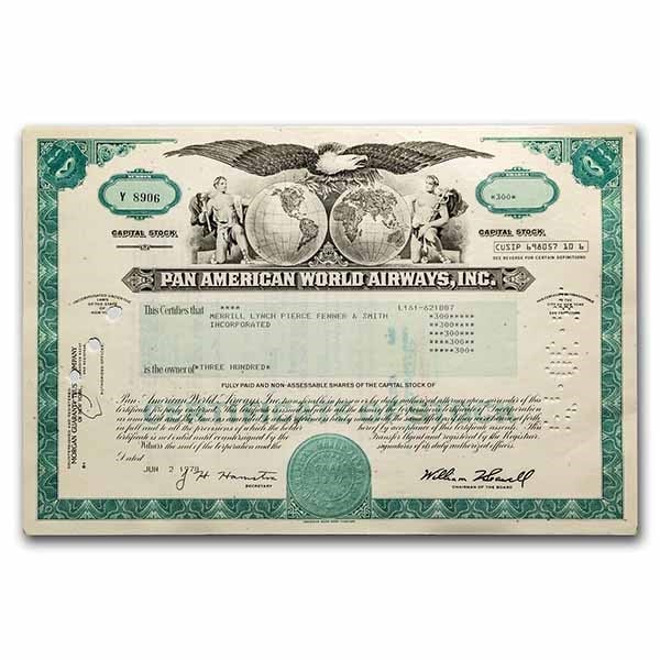 Pan American World Airways, Inc. Stock Certificate (Aqua): Pan American World Airways, Inc. Stock Certificate (Aqua) SKU no: RBJ238561 Year: 1950-1970s Grade: None Grade Service: None Mint Mark: N/A - Not Available Metal Content: 0 troy oz Purity