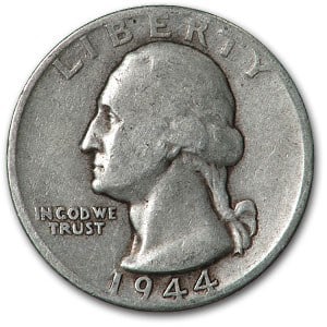 1944-D Washington Quarter Good/VF: 1944-D Washington Quarter Good/VF SKU no: RBJ12381 Year: 1944 Grade: Good or Better Grade Service: None Denomination: 25 Cents Mint Mark: D - Denver Metal Content: 0.1788 troy oz