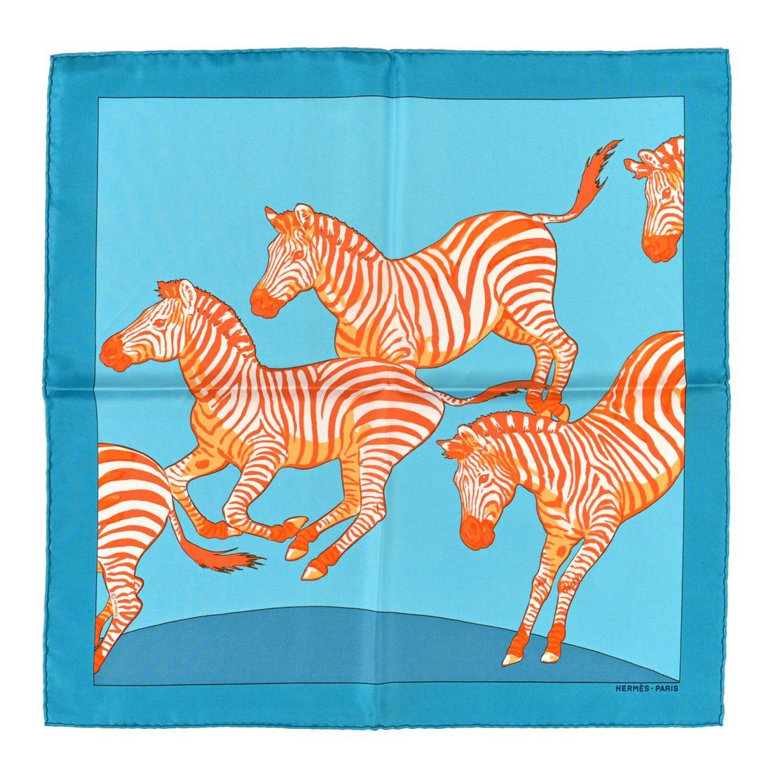 Hermes Silk Les Zebres II Pocket Square: Hermes Silk Les Zebres II Pocket Square This is an authentic HERMES Silk Les Zebres II Pocket Square. This 100% silk scarf has an amazingly vivid display of zebras in orange and white on a blue backgr