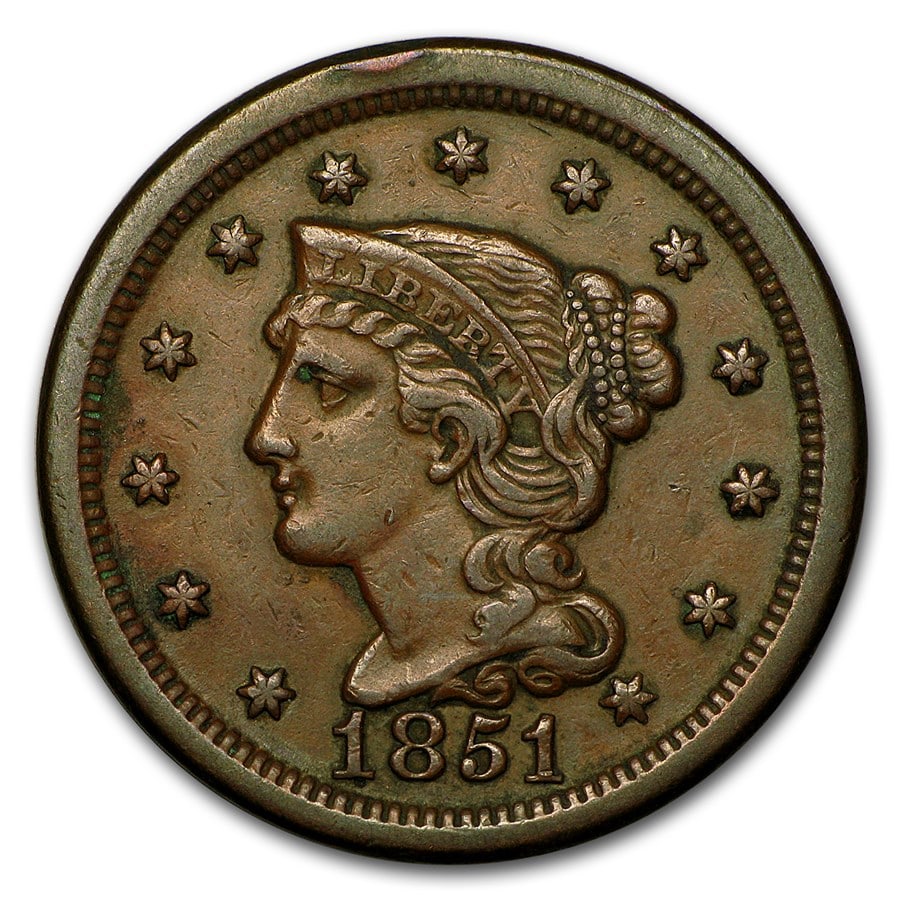 1851 Large Cent XF: 1851 Large Cent XF SKU no: RBJ8187 Year: 1851 Grade: Extra Fine Grade Service: None Denomination: $0.01 Mint Mark: P - Philadelphia (Not Shown) Metal Content: 0 troy oz Purity: N