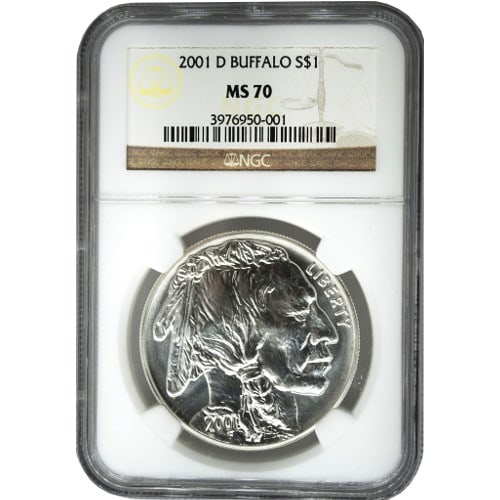 2001-D Buffalo Silver Dollar Coin NGC MS70: 2001-D Buffalo Silver Dollar Coin NGC MS70 Year: 2001 Grade: MS70 Grade Service: NGC Mint Mark: D Denver Purity: 0.9 Manufacturer: US Mint Thickness: 3.1 mm Diameter: 38.1 mm