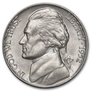 1952 Jefferson Nickel BU: 1952 Jefferson Nickel BU SKU no: RBJ6433 Year: 1952 Grade: Brilliant Unc Grade Service: None Denomination: 5 Cents Mint Mark: P - Philadelphia (Not Shown) Metal Content: 0 troy oz