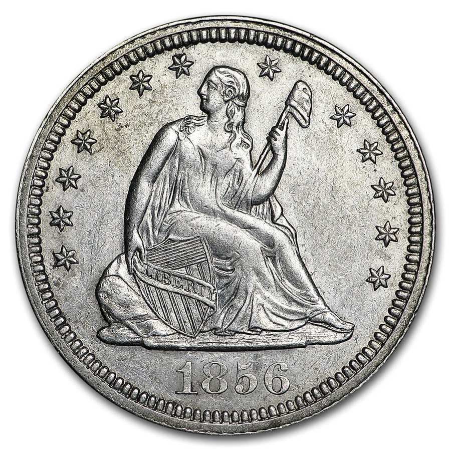 1856 Liberty Seated Quarter AU: 1856 Liberty Seated Quarter AU SKU no: RBJ42729 Year: 1856 Grade: Almost Unc Grade Service: None Denomination: 25 Cents Mint Mark: P - Philadelphia (Not Shown) Metal Content: 0.1788 troy