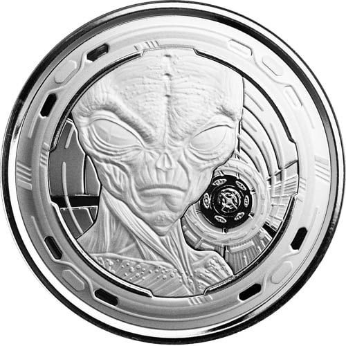 2022 1 oz Republic of Ghana Silver Alien Coin (BU): 2022 1 oz Republic of Ghana Silver Alien Coin (BU) SKU no: RBJ5126092 Year: 2022 Mint Mark: Not Shown Purity: .999 Manufacturer: Scottsdale Mint Thickness: 3.2 mm Diameter: 39 mm
