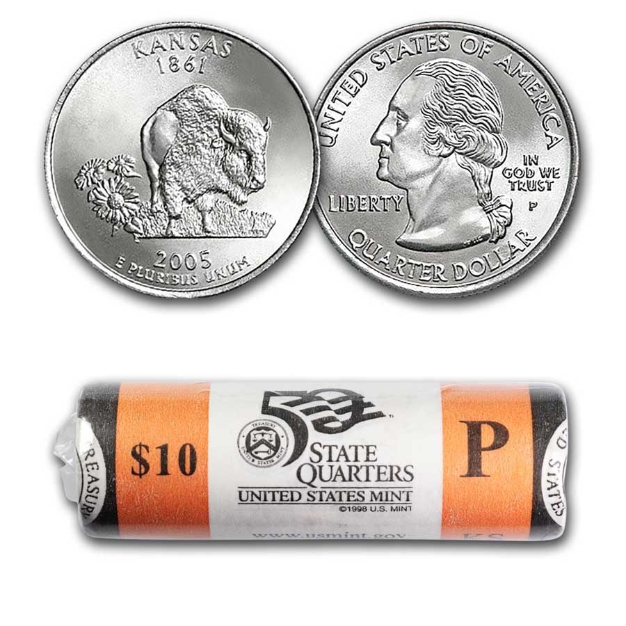 2005-P Kansas Statehood Quarter 40-Coin Roll (Mint Wrapped): 2005-P Kansas Statehood Quarter 40-Coin Roll (Mint Wrapped) SKU no: RBJ290467 Year: 2005 Grade: Brilliant Unc Grade Service: None Denomination: 25 Cents Mint Mark: P - Philadelphia Metal