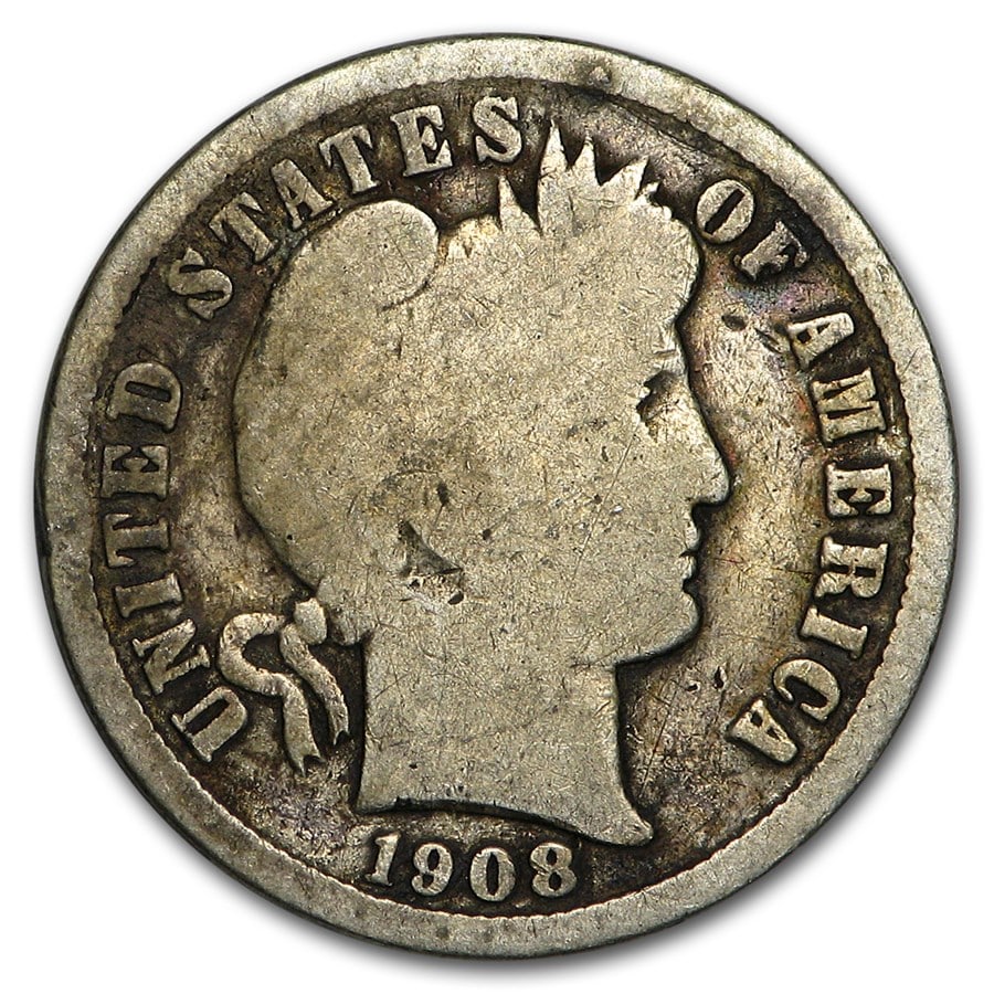 1908-D Barber Dime Good/VG: 1908-D Barber Dime Good/VG SKU no: RBJ5841 Year: 1908 Grade: Good/Very Good Grade Service: None Denomination: 10 Cents Mint Mark: D - Denver Metal Content: 0.0715 troy oz Purity: