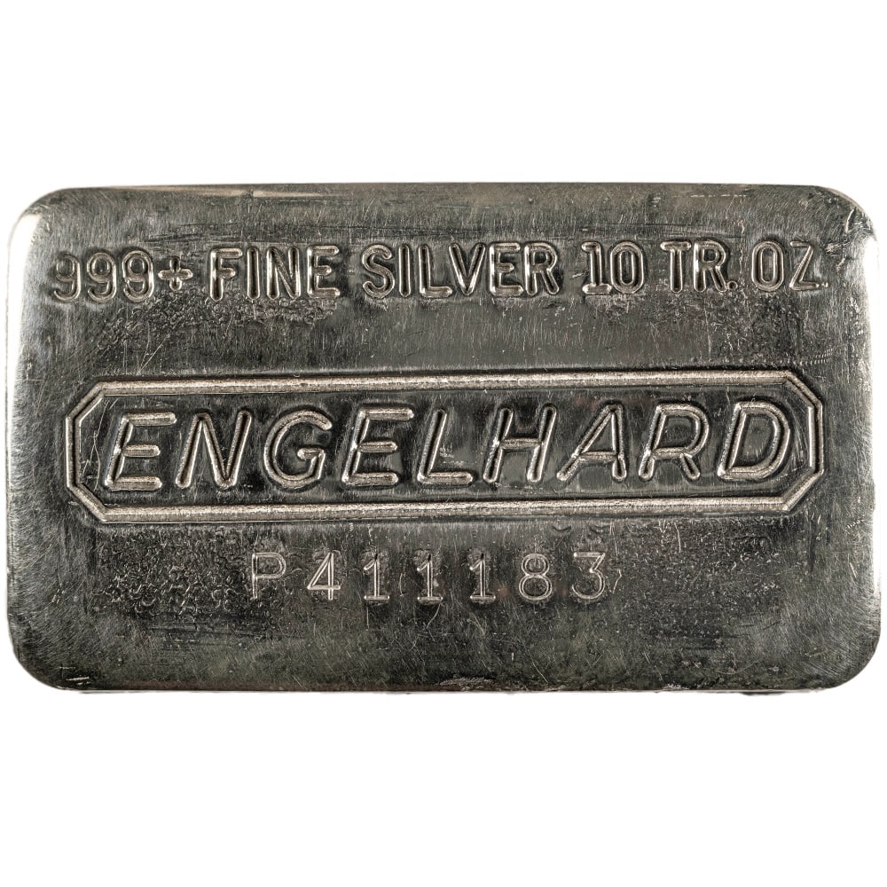 10 oz Engelhard Pressed Silver Bar (Wide Struck): 10 oz Engelhard Pressed Silver Bar (Wide Struck) SKU no: RBJ4809405 Mint Mark: Not Shown Purity: .999 Manufacturer: Engelhard Condition: Secondary Market Edge Design: Smooth Series: Engel