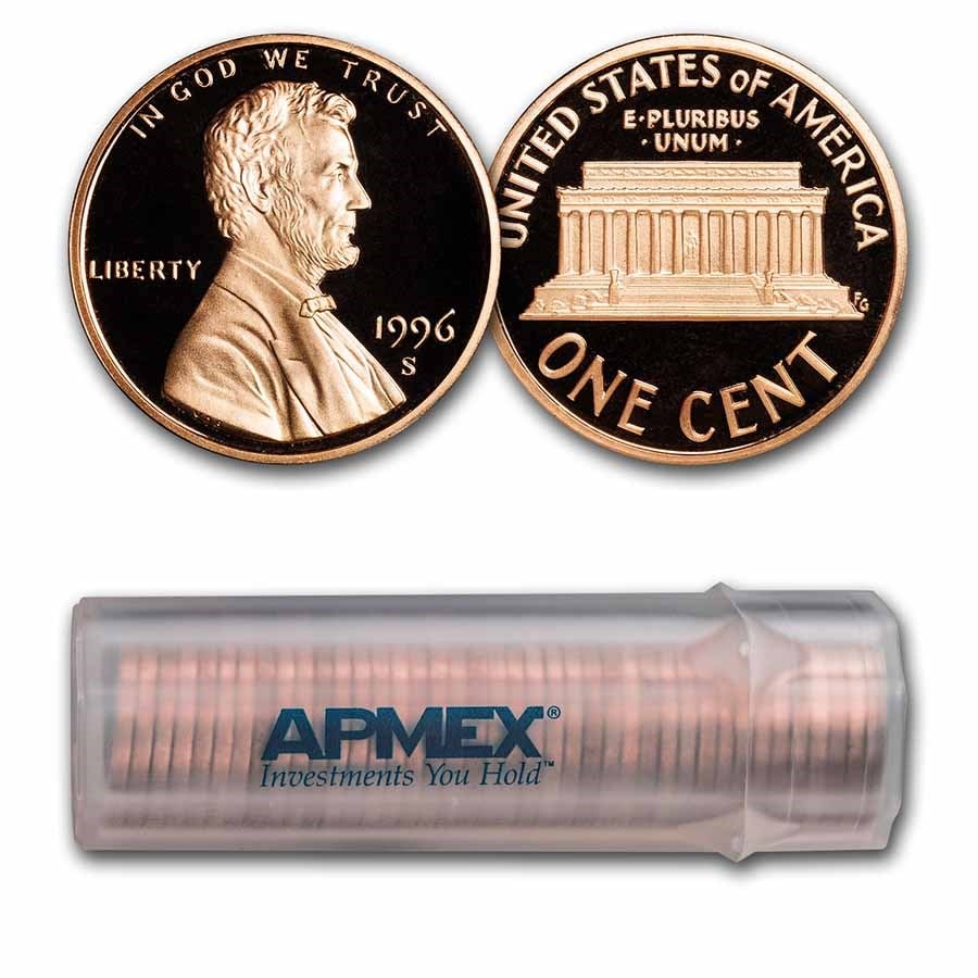 1996-S Lincoln Cent 50-Coin Roll Proof: 1996-S Lincoln Cent 50-Coin Roll Proof SKU no: RBJ31167 Year: 1996 Grade: Proof Grade Service: None Denomination: 1 Cent Mint Mark: S - San Francisco Metal Content: 0 troy oz Pur