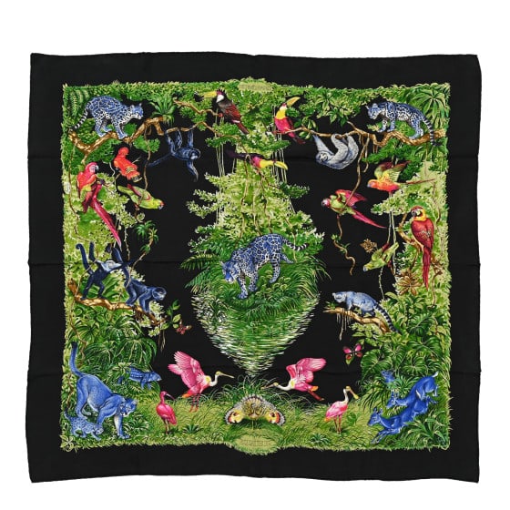 Hermes Silk Equateur Scarf 90 Black Vert Bleu: Hermes Silk Equateur Scarf 90 Black Vert Bleu This is an authentic HERMES Silk Equateur Scarf 90 in Black, Vert and Bleu. This stylish scarf is 100% silk and features a bold and colorful forest theme