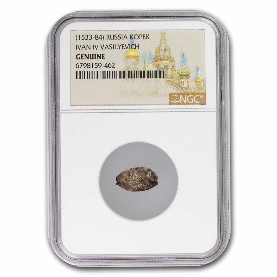 (1533-1584) Russia Silver Wire Money Ivan the Terrible NGC: (1533-1584) Russia Silver Wire Money Ivan the Terrible NGC SKU no: RBJ294382 Year: 1533-1584 Grade Service: NGC Denomination: 1 Kopek Metal Content: 0.012 troy oz Thickness: 1 mm Diameter