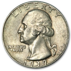 1939 Washington Quarter AU: 1939 Washington Quarter AU SKU no: RBJ18902 Year: 1939 Grade: Almost Unc Grade Service: None Denomination: 25 Cents Mint Mark: P - Philadelphia (Not Shown) Metal Content: 0.1788 troy oz <