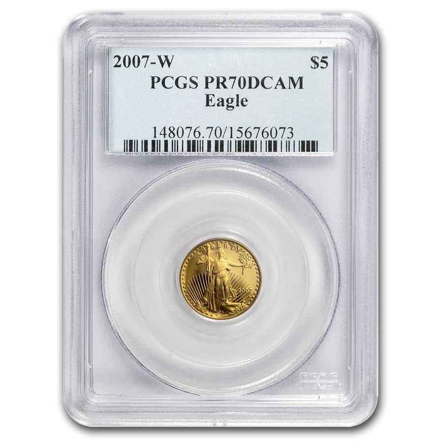 2007-W 1/10 oz Proof American Gold Eagle PR-70 PCGS: 2007-W 1/10 oz Proof American Gold Eagle PR-70 PCGS SKU no: RBJ24299 Year: 2007 Grade Service: PCGS Denomination: $5.00 Metal Content: 0.1 troy oz Purity: .9167 Thickness: 1.19 mm