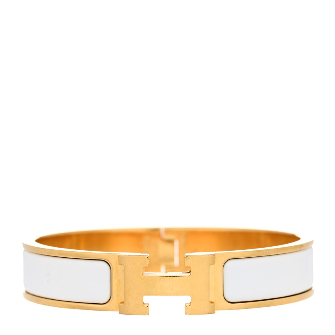 Hermes Enamel Narrow Clic Clac H Bracelet GM White: Hermes Enamel Narrow Clic Clac H Bracelet GM White This is an authentic?HERMES Enamel Narrow Clic Clac H Bracelet GM in White. The bracelet is a thin band of polished gold plated metal, with a hinge o
