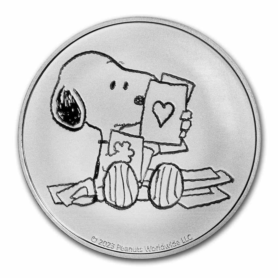 Peanuts Snoopy Valentine's Day Cards 1 oz Silver Round: Peanuts Snoopy Valentine's Day Cards 1 oz Silver Round SKU no: RBJ263505 Grade: None Grade Service: None Mint Mark: N/A - Not Available Metal Content: 1 troy oz Purity: .999 Diameter: 39