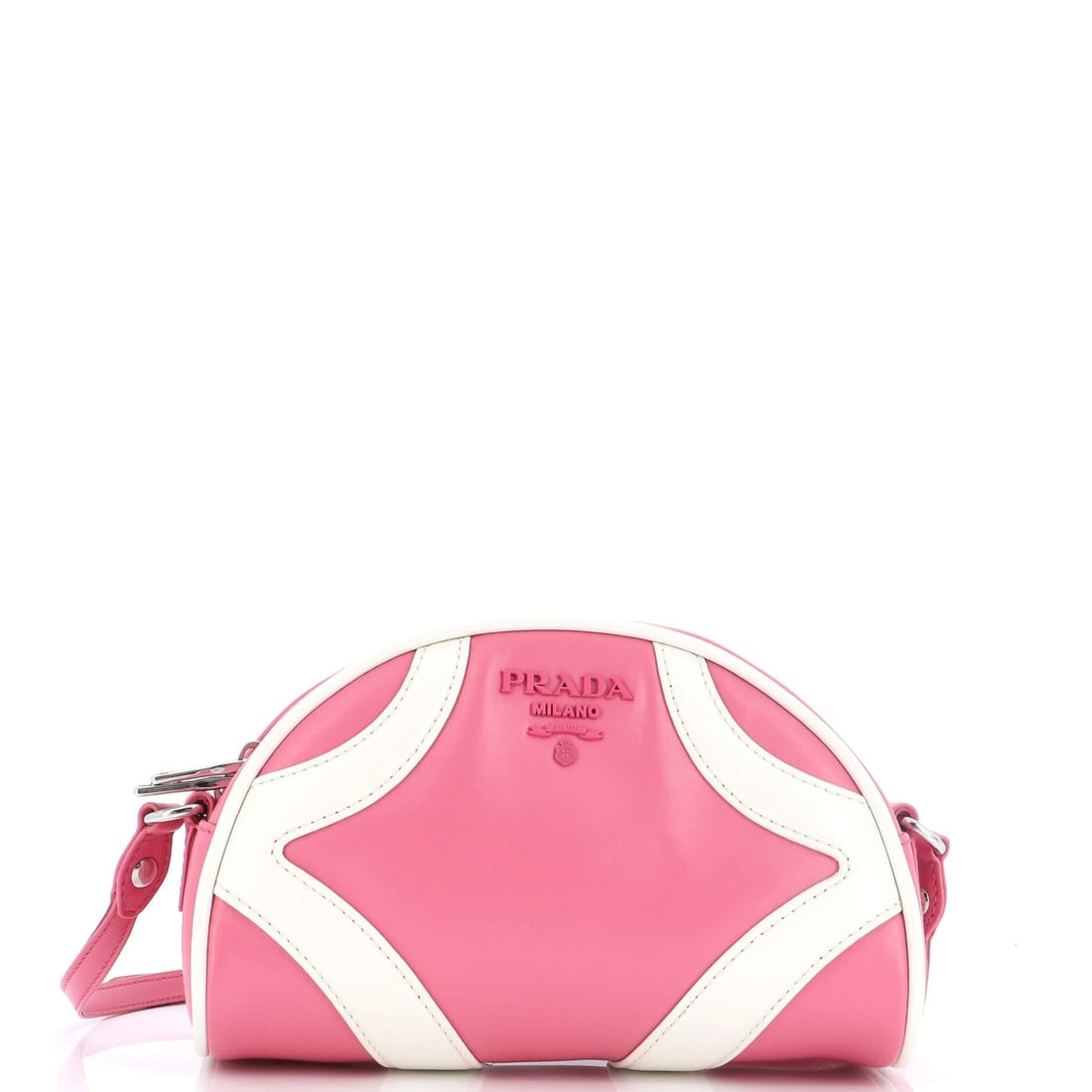 Prada Bowling Crossbody Bag Soft Calf Small: Prada Bowling Crossbody Bag Soft Calf Small Exterior Color: Pink Interior Color: Black Exterior Material: Leather Interior Material: Fabric Hardware Color: Silver Accessories: Dust bag SK