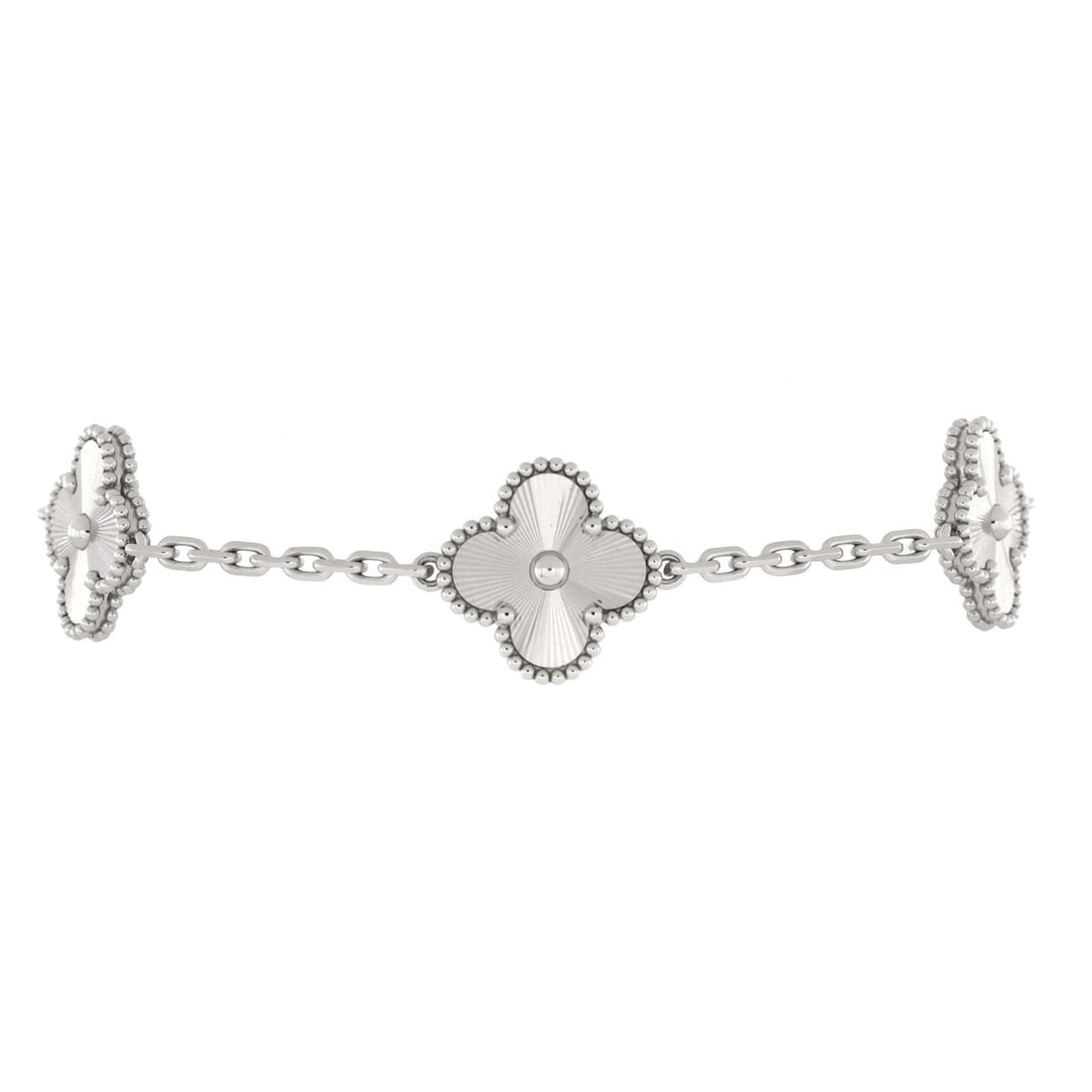 Van Cleef & Arpels Vintage: Van Cleef & Arpels Vintage Alhambra 5 Motifs Bracelet Guilloche 18K White Gold Metal Type: 18K White Gold Metal Finish: High Polish Hallmarks Type: 750, Designer Signature, French Eagle?s Head, Makers