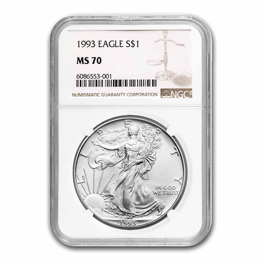 1993 American Silver Eagle MS-70 NGC: 1993 American Silver Eagle MS-70 NGC SKU no: RBJ96832 Year: 1993 Grade Service: NGC Denomination: 1 Dollar Metal Content: 1 troy oz Purity: .999 Thickness: 2.98 mm Diameter: 40.6