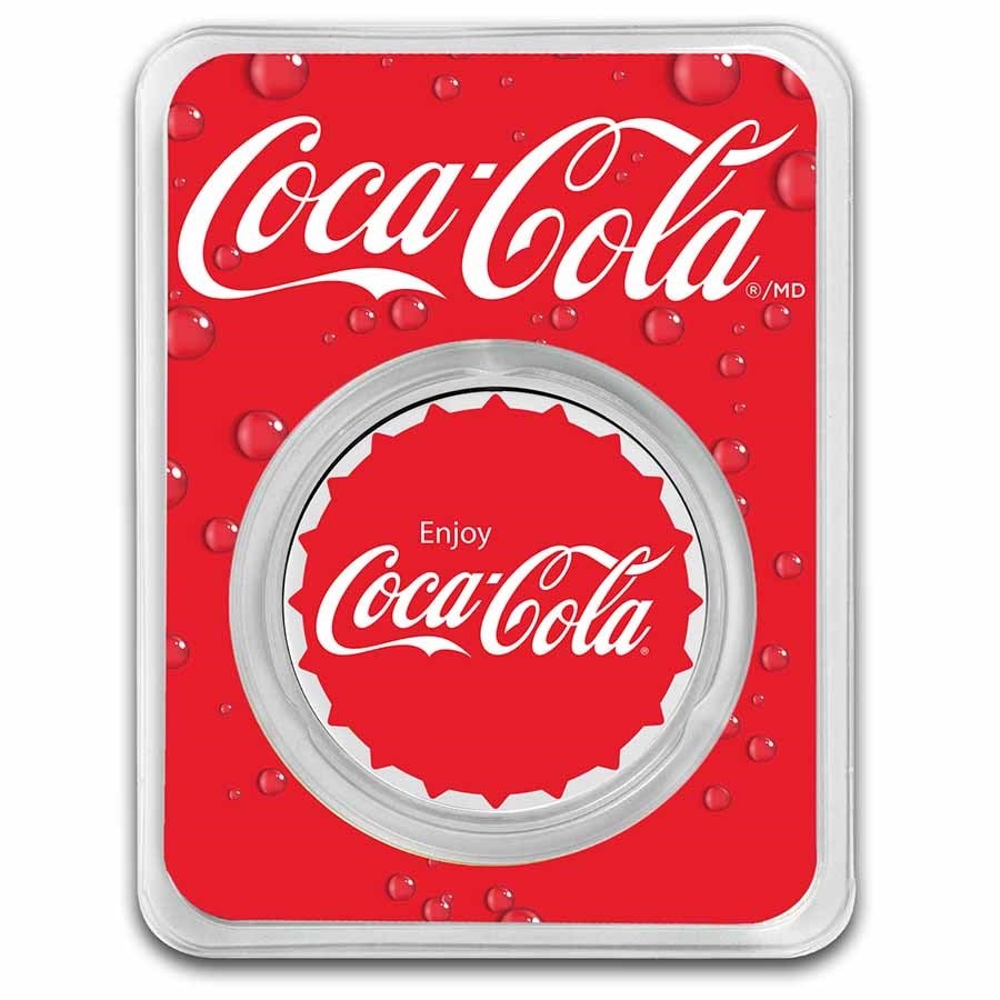 Coca-Cola 1 oz Silver Colorized Round (Bottle Cap): Coca-Cola 1 oz Silver Colorized Round (Bottle Cap) SKU no: RBJ272460 Grade: None Grade Service: None Mint Mark: N/A - Not Available Metal Content: 1 troy oz Purity: .999 Thickness: 2.8 mm