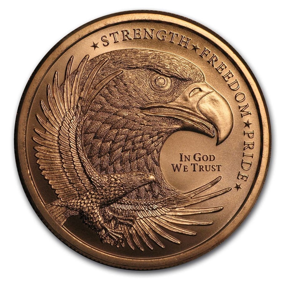 1 oz Copper Round - Eagle (Strength, Freedom, & Pride): 1 oz Copper Round - Eagle (Strength, Freedom, & Pride) SKU no: RBJ185297 Year: N/A Grade: None Grade Service: None Mint Mark: None Metal Content: 1 AVDP oz Purity: .999 Thickness