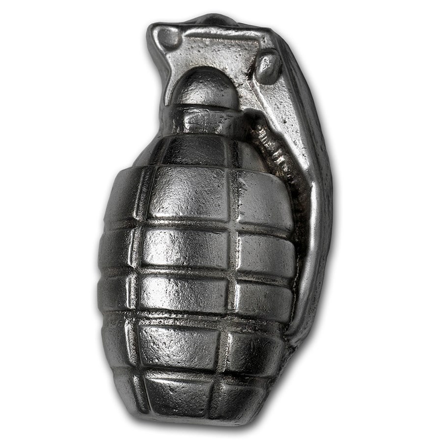 6 oz Hand Poured Silver Grenade: 6 oz Hand Poured Silver Grenade - Big Boom! SKU no: RBJ117374 Grade: None Grade Service: None Mint Mark: N/A - Not Available Metal Content: 6 troy oz Purity: .999 Thickness: Varies mm <br