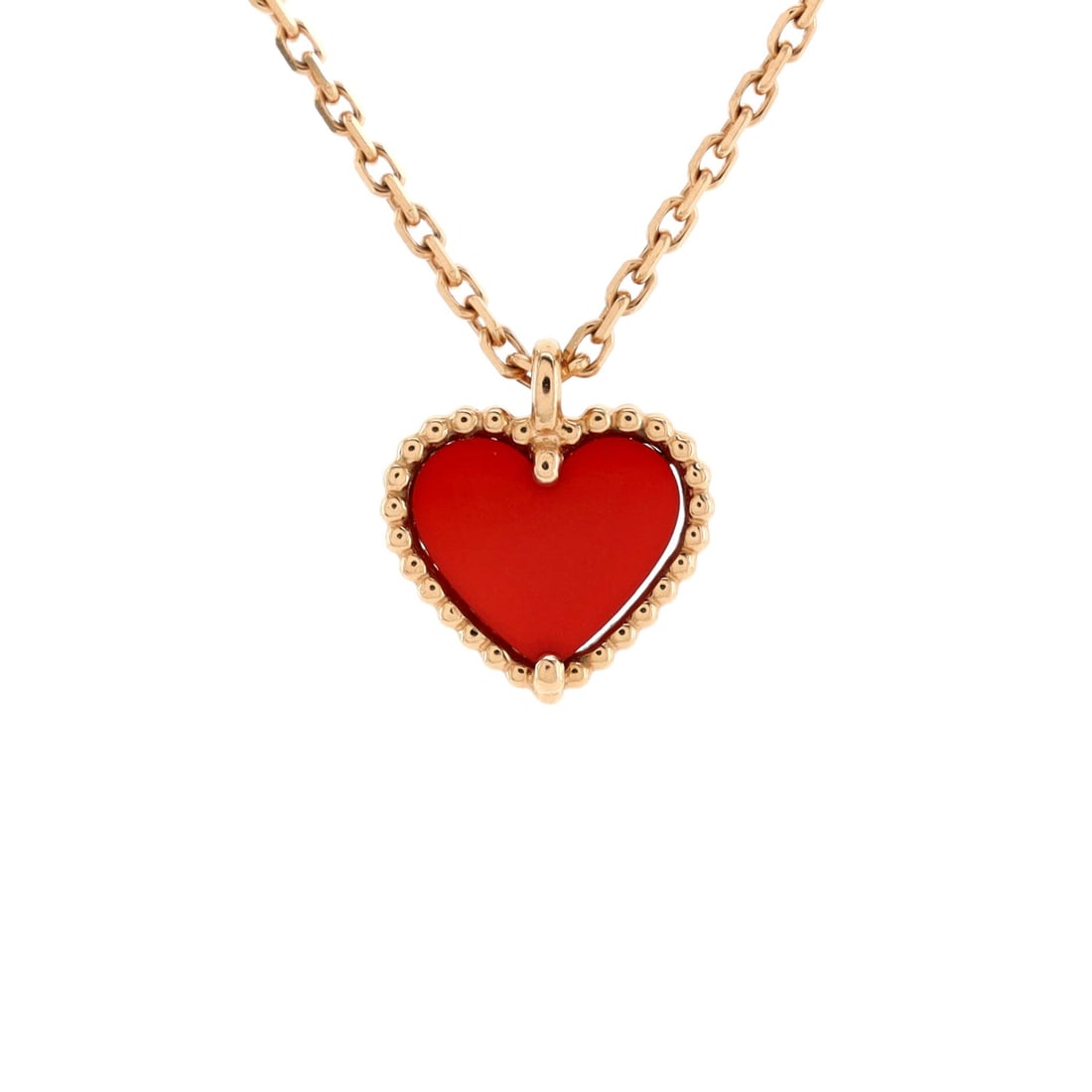 Van Cleef & Arpels Sweet Alhambra Heart Pendant Necklace 18K Rose Gold and Carnelian: Van Cleef & Arpels Sweet Alhambra Heart Pendant Necklace 18K Rose Gold and Carnelian Metal Type: 18K Rose Gold Metal Finish: High Polish Hallmarks Type: 750, Designer Signature, French Eagle?s Head, M