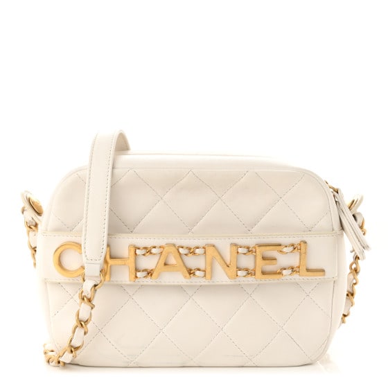 Chanel Calfskin Quilted Enchained Camera Case Bag White: Chanel Calfskin Quilted Enchained Camera Case Bag White This is an authentic CHANEL Calfskin Quilted Enchained Camera Case Bag in White. This chic classic shoulder bag is crafted of sturdy diamond sti