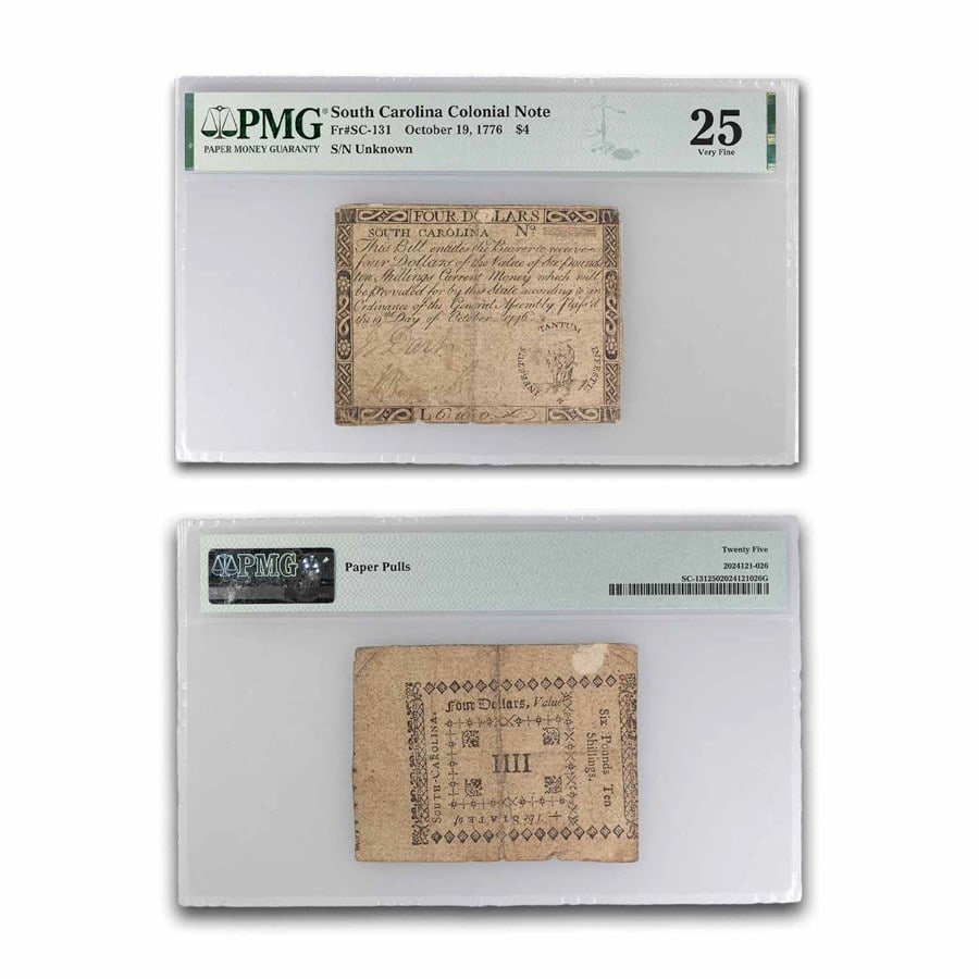 1776 $4 South Carolina 10/19/76 VF-25: 1776 $4 South Carolina 10/19/76 VF-25 PMG (Fr#SC-142) SKU no: RBJ294944 Year: 1776 Grade: Very Fine - 25 Grade Service: PMG Denomination: 4 Dollars Mint Mark: N/A - Not Available Metal Co