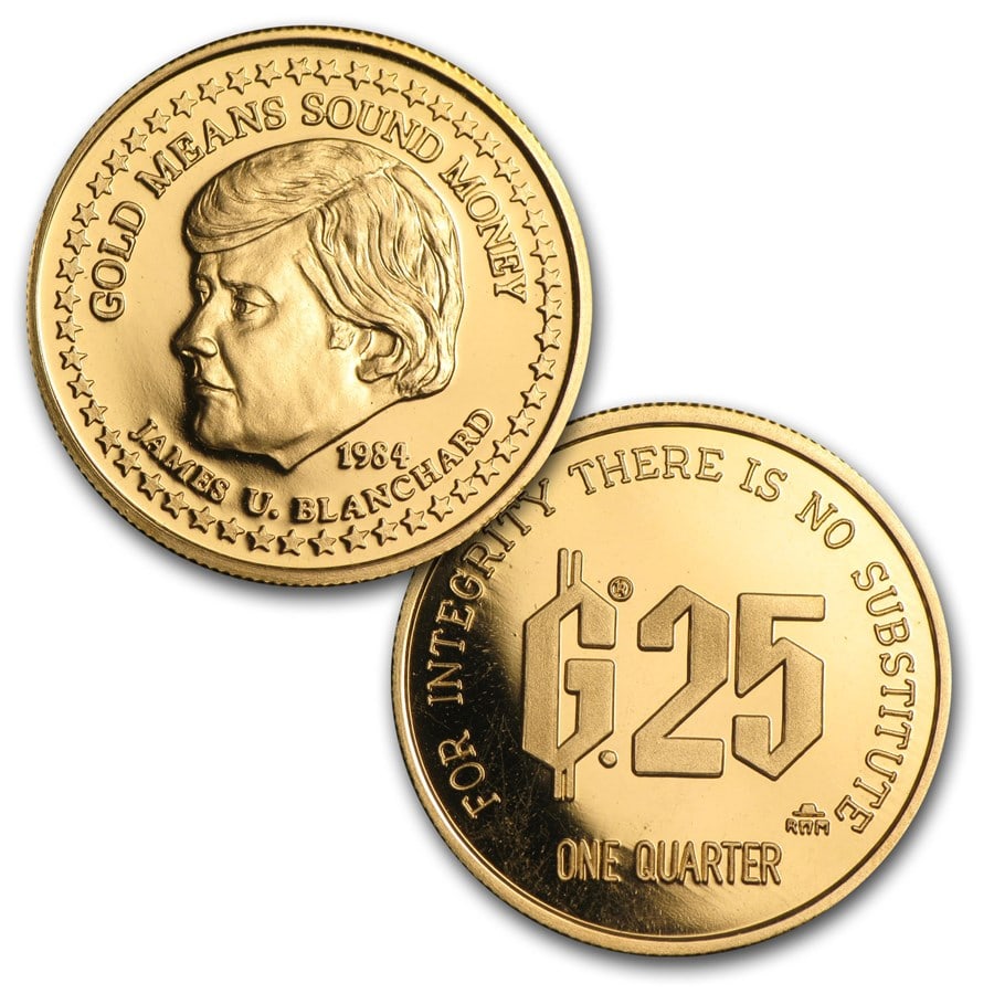 1/4 oz Gold Round - Gold: 1/4 oz Gold Round - Gold Standard Corporation (.900 Fine) SKU no: RBJ80359 Year: N/A Grade Service: None Mint Mark: N/A - Not Available Metal Content: 0.25 troy oz Purity: .900 Thickness: