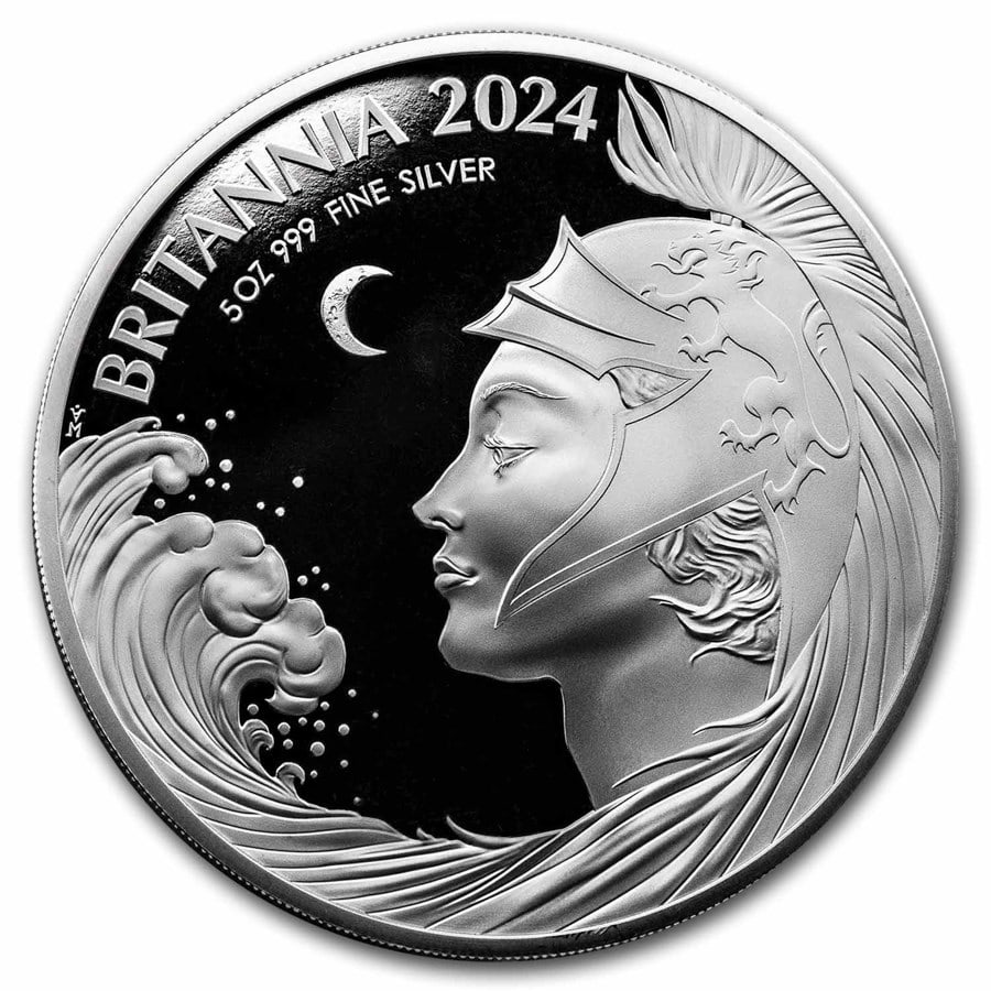 2024 Great Britain 5 oz Proof: 2024 Great Britain 5 oz Proof Silver Britannia (w/ Box & COA) SKU no: RBJ292846 Year: 2024 Grade: Proof Grade Service: None Denomination: 10 Pounds Mint Mark: Not Shown Metal Content: 5 t