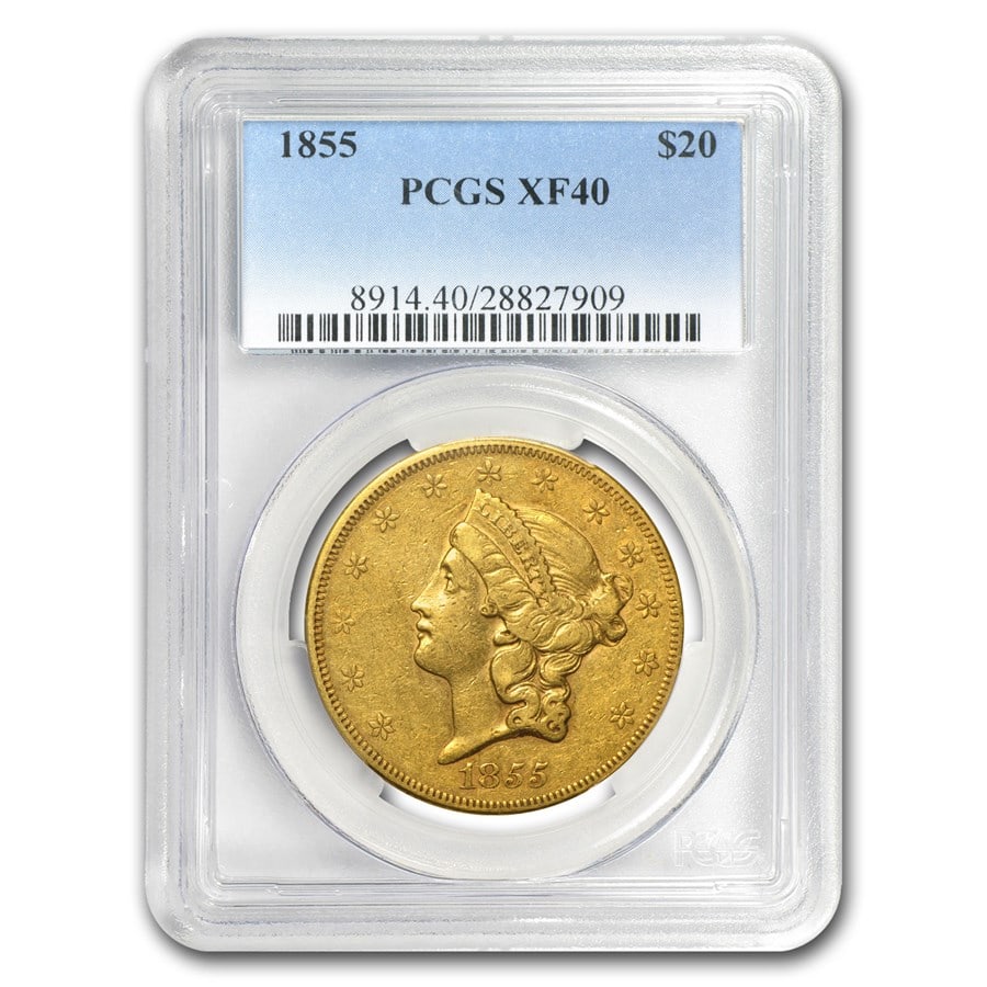 1855 $20 Liberty Gold Double Eagle: 1855 $20 Liberty Gold Double Eagle XF-40 PCGS SKU no: RBJ81484 Year: 1855 Grade: Extra Fine - 40 Grade Service: PCGS Denomination: 20 Dollars Mint Mark: P - Philadelphia (Not Shown) Metal