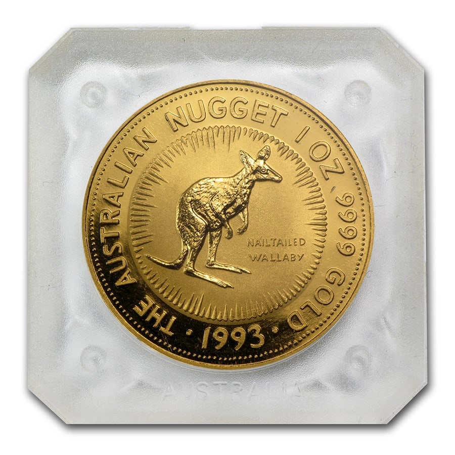 1993 Australia 1 oz Gold Nugget: 1993 Australia 1 oz Gold Nugget BU SKU no: RBJ66363 Year: 1993 Grade: Brilliant Unc Grade Service: None Denomination: 100 Dollars Mint Mark: Perth Mint (Not Shown) Metal Content: 1 troy o