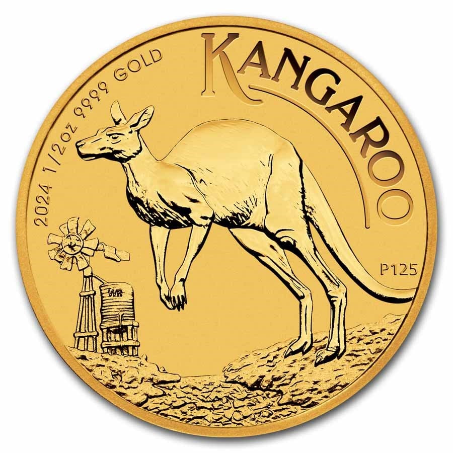 2024 Australia 1/2 oz Gold Kangaroo: 2024 Australia 1/2 oz Gold Kangaroo BU SKU no: RBJ290372 Year: 2024 Grade: Brilliant Unc Grade Service: None Denomination: 50 Dollars Mint Mark: P - Perth Metal Content: 0.5 troy oz <