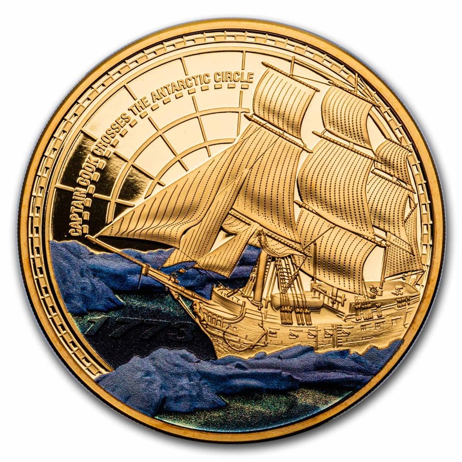 2023 Niue 1 oz Gold Captain: 2023 Niue 1 oz Gold Captain Cook Crosses The Antarctic Circle SKU no: RBJ279525 Year: 2023 Grade: Proof Grade Service: None Denomination: 100 Dollars Mint Mark: Not Shown Metal Content: 1