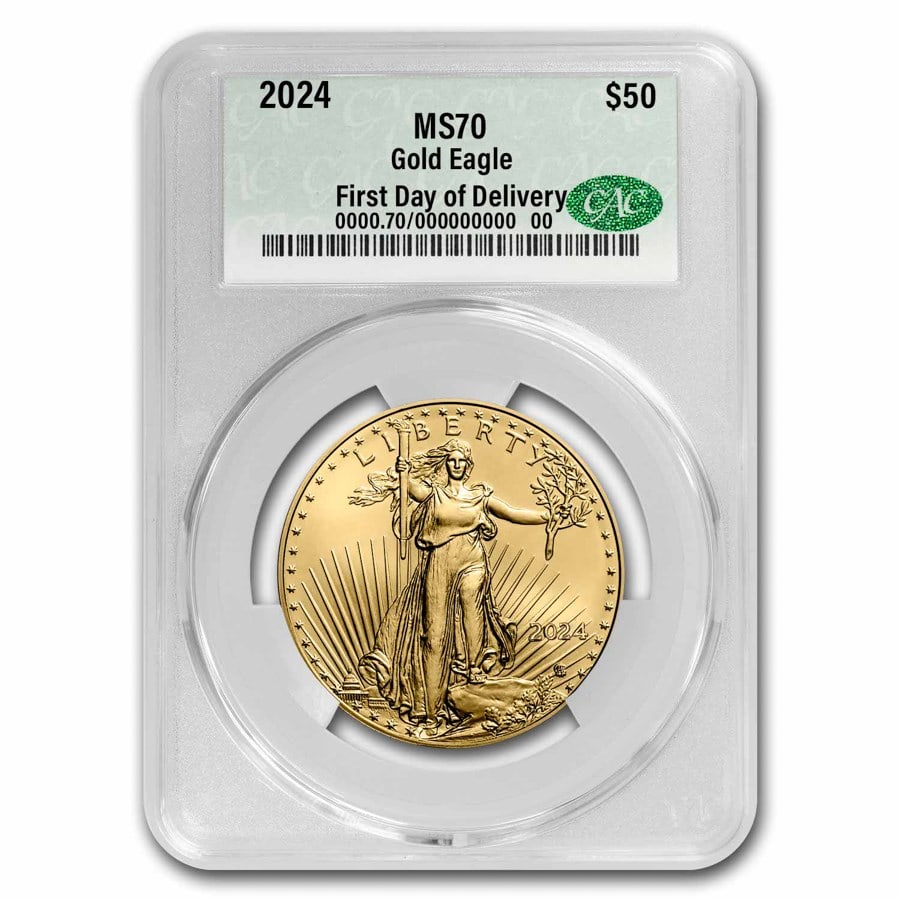 2024 1 oz American Gold Eagle: 2024 1 oz American Gold Eagle MS-70 CAC (First Day of Delivery) SKU no: RBJ284412 Year: 2024 Grade: MS-70 Grade Service: CAC Denomination: 50 Dollars Mint Mark: Not Shown Metal Content: 1