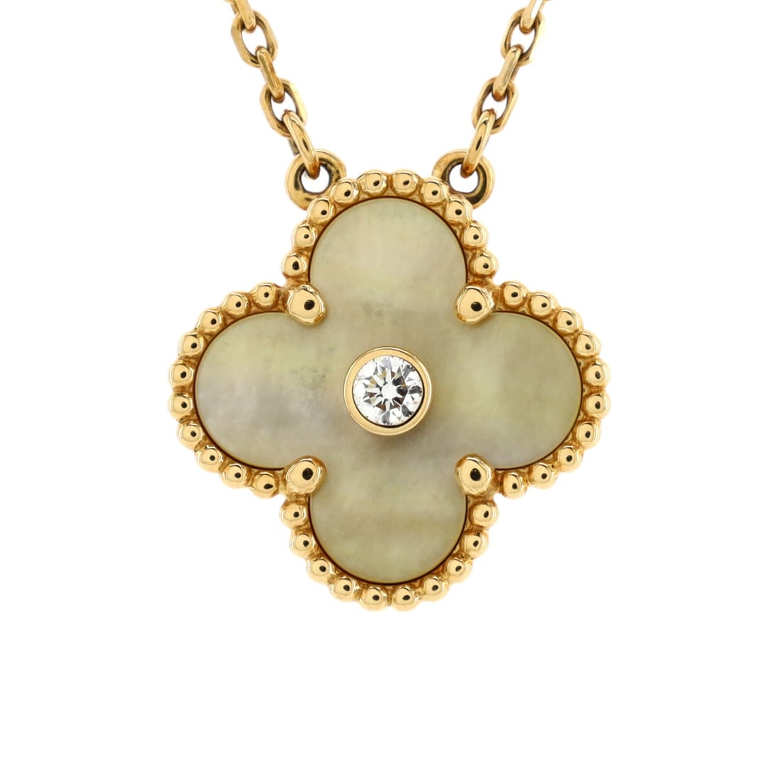 Van Cleef & Arpels Vintage: Van Cleef & Arpels Vintage Alhambra Pendant Necklace 18K Yellow Gold and Gold Mother of Pearl with Diamond Metal Type: 18K Yellow Gold Metal Finish: Brushed, High Polish Hallmarks Type: 750, Designer