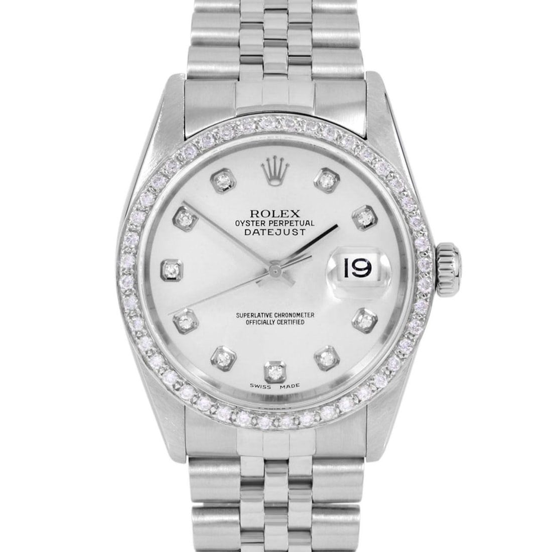 Rolex Datejust Silver Diamond Dial: Rolex Datejust Silver Diamond Dial Brand: Rolex Case Material: Stainless Steel Stone: Diamond Stone Cut: Bead Strap Material: Stainless Steel Case Shape: Round Movement: Automatic <br