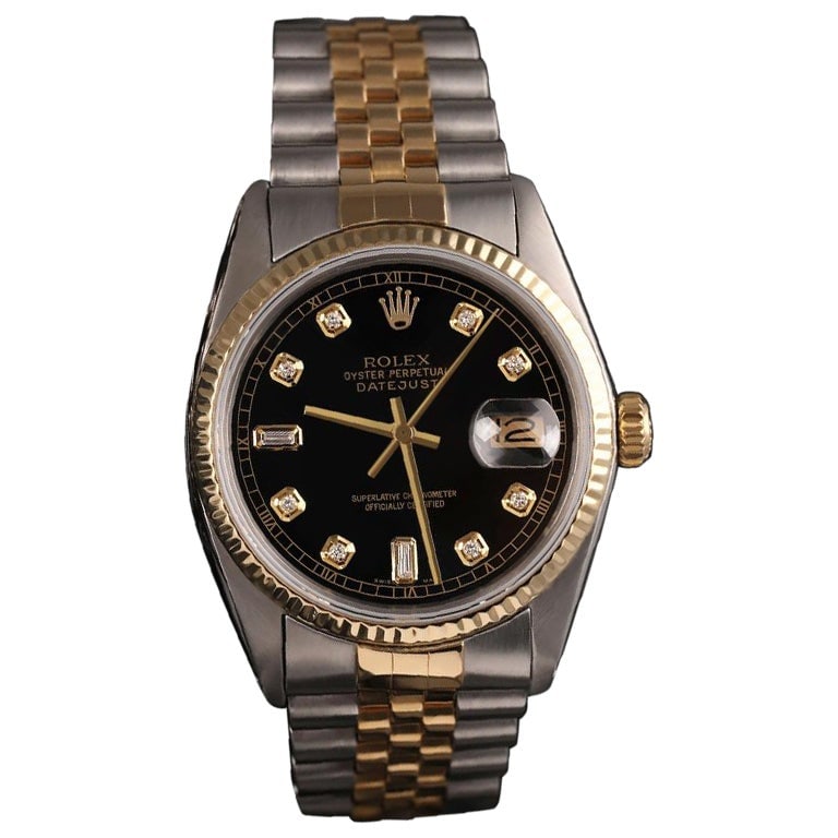 Rolex Datejust Two Tone Black: Rolex Datejust Two Tone Black Brand: Rolex Design: Datejust WatchDatejust Collection Metal: Gold, Stainless Steel Stone: Diamond Stone Cut: Round Cut Dimensions: Diameter: 1.23 in (31 mm)