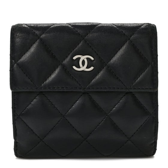 Chanel Lambskin Quilted Compact French: Chanel Lambskin Quilted Compact French Flap Wallet Black SKU no: RBJ1424591 Brand: CHANEL Condition: Good Condition Details: Exterior: Corner wear, creases, scuffs, structure wear, edge wear, curling,